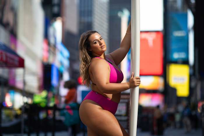 Elizabeth Sneed in Time Square modeling for Jolyn.